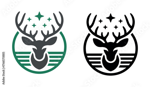 A stylized deer head logo with stars above and stripes below, presented in two color variations.