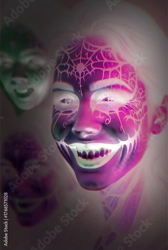Sinister Smile: Haunting Close-Up of Creepy Face Paint in Flickering Darkness - A chilling close-up of a person with spooky Halloween makeup and flashing lights, creating an eerie, horror effect.