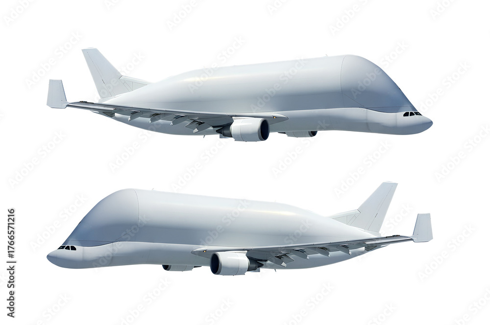 Obraz premium White cargo airplane Airbus Beluga A300-600ST Super Transporter side view angle right and left isolated on a transparent background