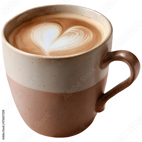 A ceramic mug filled with coffee featuring delicate heart shaped latte art