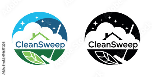 The CleanSweep logo design features a house, leaves, and clouds in blue and green color variants.