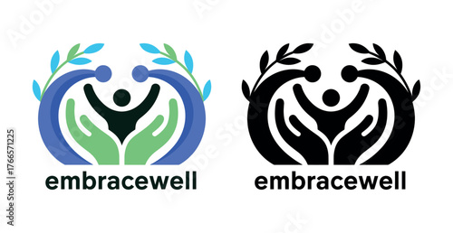 Abstract logo featuring embracing hands and a person reaching upwards, symbolizing care and well-being.