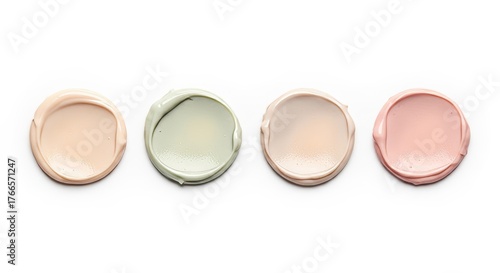 Swatches of various cosmetic cream textures on white surface. Beauty product sample for skin care and makeup presentation.
