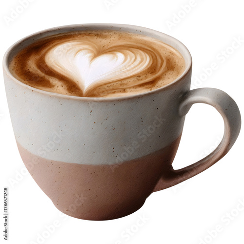 A ceramic mug filled with hot coffee showcasing a delicate heart shape created with latte art presented on a clean white background