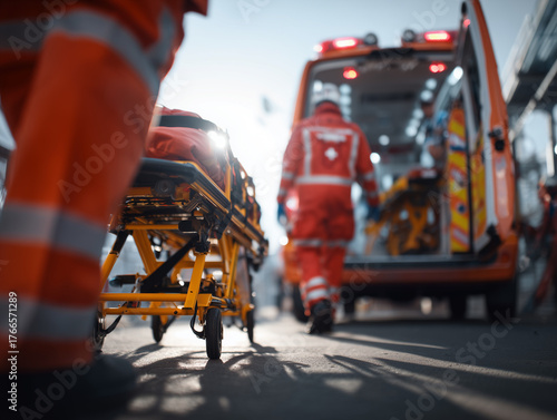 Paramedics Providing Emergency Medical Care with Ambulance 구급차와 함께 응급 의료 서비스를 제공하는 구급대원