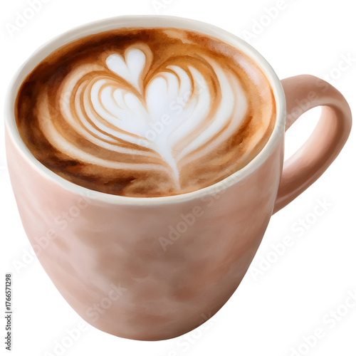 A delicate ceramic mug filled with hot coffee featuring intricate latte art shaped like a heart