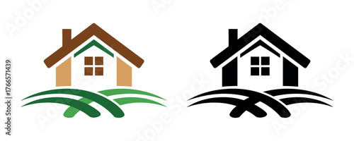 A stylized house icon is shown in both color and silhouette against a white background.