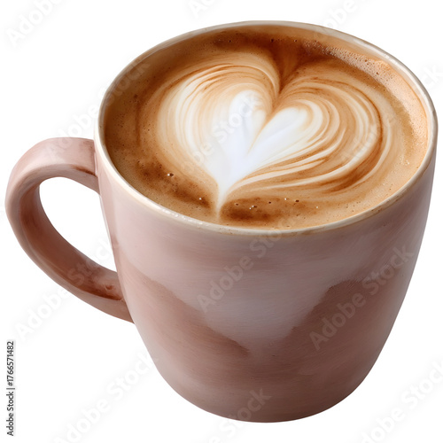Pink ceramic mug filled with hot coffee featuring delicate latte art in the shape of a heart isolated on a transparent background