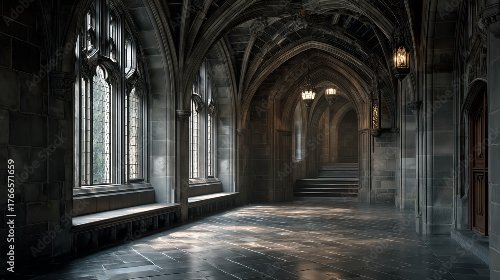 Fototapeta premium Gothic Academic Hallway with Arched Stone Ceilings