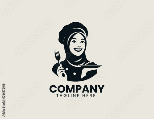 Delightful cartoon Muslim woman chef illustration wearing brown hijab and proudly presenting chicken dish on platter