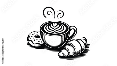 Savor a delightful morning with steaming latte art coffee, a sweet donut, and a flaky croissant, perfect for breakfast promotions and cafe branding.