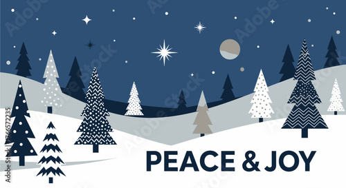 Peace and Joy holiday greeting card with a snowy forest scene under a starry night sky.