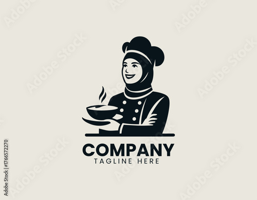 Delightful cartoon Muslim woman chef illustration wearing brown hijab and proudly presenting chicken dish on platter