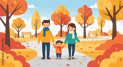 A happy family with a young daughter walking hand in hand through a park during the colorful autumn season.