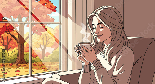 A serene woman enjoys a warm drink by a sunlit window, overlooking vibrant autumn trees.