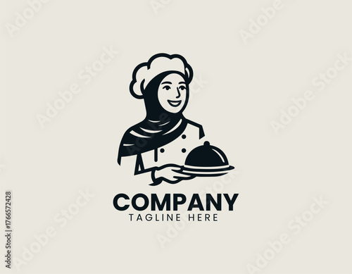Delightful cartoon Muslim woman chef illustration wearing brown hijab and proudly presenting chicken dish on platter
