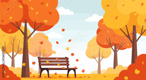 A serene park scene with colorful autumn trees and falling leaves, featuring a wooden bench.