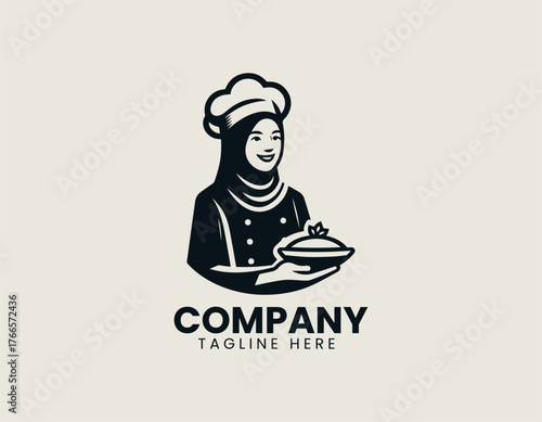 Delightful cartoon Muslim woman chef illustration wearing brown hijab and proudly presenting chicken dish on platter