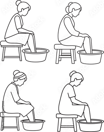 Four women washing feet silhouette