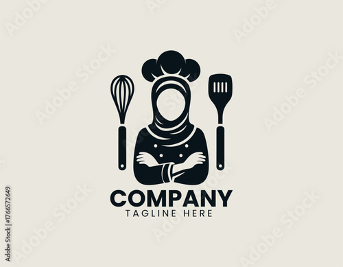 Charming cartoon Muslim woman chef illustration wearing hijab and chef's hat standing with baking ingredients