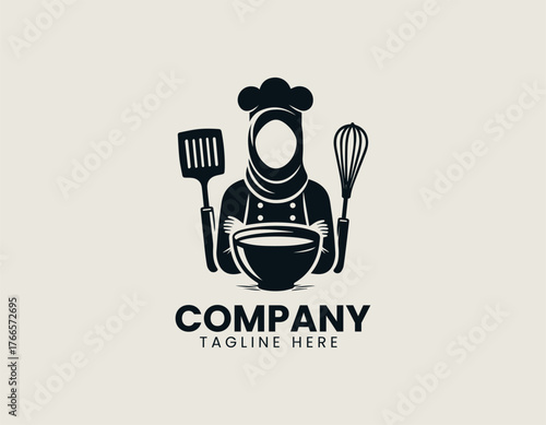 Charming cartoon Muslim woman chef illustration wearing hijab and chef's hat standing with baking ingredients
