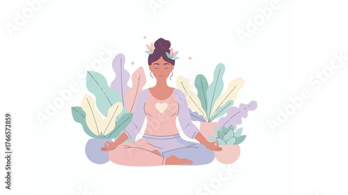 Flat Vector of Woman Meditating with Plants in Soft Pastel Minimal Design. A serene flat design vector illustration featuring a woman meditating surrounded by gentle greenery.