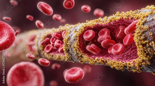 Atherosclerosis: 3D Close-up of Cholesterol Plaque Build-up Narrowing Artery or Blood Vessel, Causing Heart Disease and Stroke.