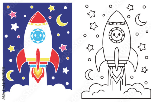  Cute Cartoon Rocket Launching into Space - Adorable Spaceship Illustration with Stars, Moon, and Coloring Book Outline for Kids' Astronomy and Adventure Designs