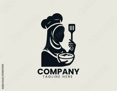cartoon Muslim woman chef mascot illustration holding spatula and ladle