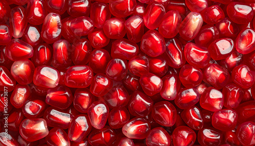 Fresh, vibrant, and juicy pomegranate seeds, perfectly arranged to create a natural and eye-catching texture. Ideal for food photography, design, decorative backgrounds, advertising, and packaging.
