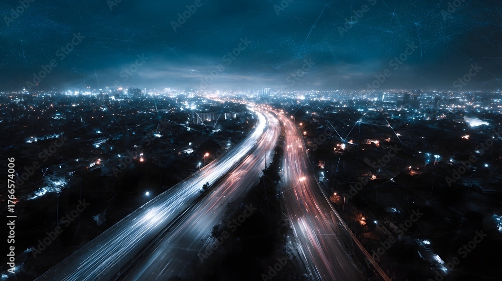 Fototapeta premium Futuristic smart city at night with illuminated highway traffic and overlayed digital network connections