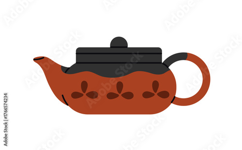 Ceramic tea infuser, pot to brew herbs. Pottery kettle for preparing herbal beverages. Ornamented teapot for cooking hot drinks, boiling water. Flat isolated vector illustration on white background