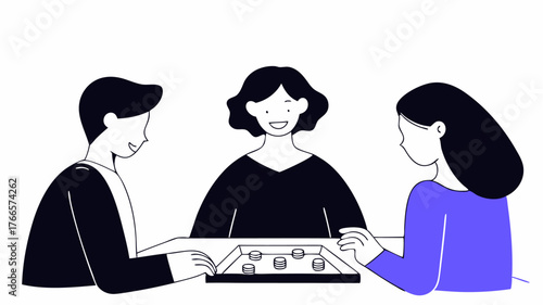 Handdrawn characters engaging in a playful icebreaker activity such as a friendly game breaking tension and fostering friendships.