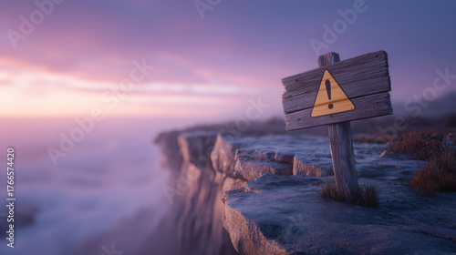 Warning sign on wooden post near cliff edge at sunset with soft light and foggy background showing fiscal budget deficit cliff warning sign