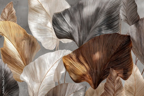 Abstract Foliage Composition in Earth Tones and Gray Background with Detailed Vein Textures