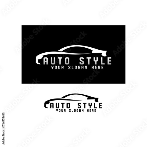 Automotive style car logo design with vector sports vehicle icon silhouette.