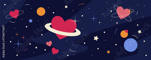 Abstract background with hearts in cosmos, starry backdrop with planets and love symbols. Vector wallpaper, decorative illustration.