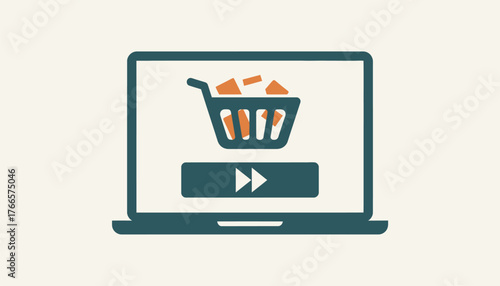 Laptop screen displaying an online shopping cart full of products and a checkout button with forward arrows, representing e commerce, digital retail, and virtual purchasing