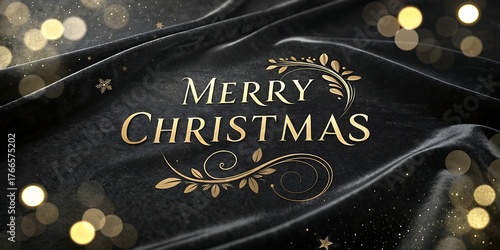 Luxurious merry Christmas message on black velvet fabric with gold embellishments and bokeh lights, perfect for holiday greetings.