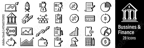 Business and finance line icons including bank, chart, wallet, investment, and contract symbols