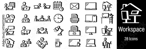Line style icons of workspace and office environment. Includes desk, computer, printer, meeting, and home office symbols
