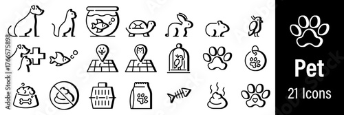 Line icons of pets and veterinary care. Includes dog, cat, fish, turtle, pet shop, and grooming symbols
