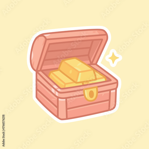 Opened Treasure Chest Sticker Full of Glowing Gold Bars and Riches Isolated Vector Illustration
