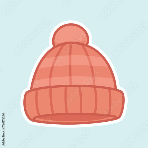 Knitted Red Beanie Hat Sticker with Pom Pom for Winter Fashion. Winter Illustration