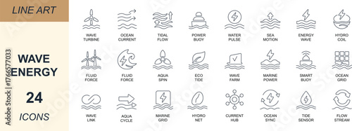 Wave energy line icon set featuring turbine, tidal, buoy, current, ocean, hydro, and eco symbols.  perfect for UI, apps, renewable power, and branding.