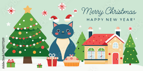 Merry Christmas and Happy New Year! Vector cute naive illustration of Christmas tree, landscape with house, pet cat and garland pattern for greeting card, poster