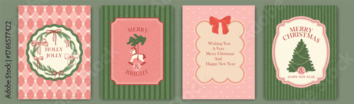 Christmas, New Year retro holiday cards set. Season's greetings. Christmas tree, horse, bows, ribbon. Vintage frame design. Old paper texture. Retro geometric patterns. Pink, green, red colors.