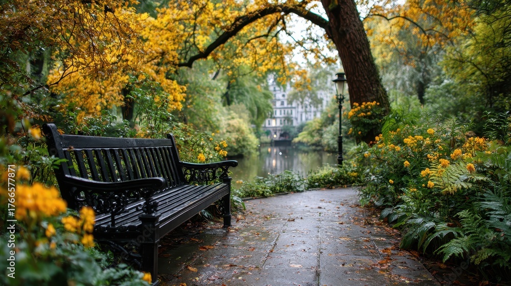 Fototapeta premium Autumn in the Park: Bench Overlooking Pond with Yellow Foliage and Flowers