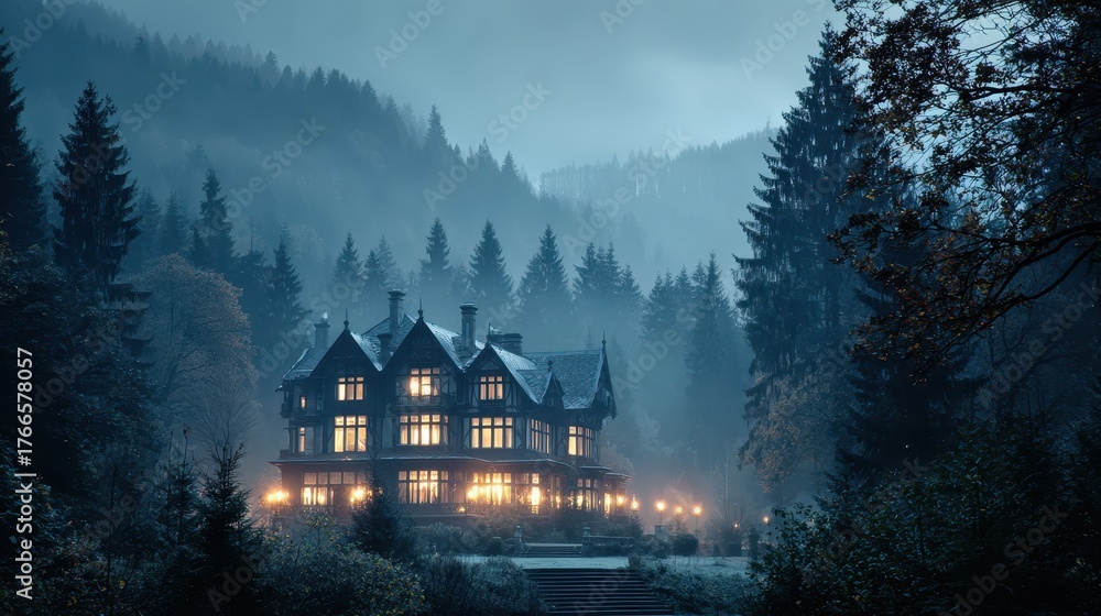 Fototapeta premium Majestic Mansion in Foggy Forest at Night with Glowing Windows
