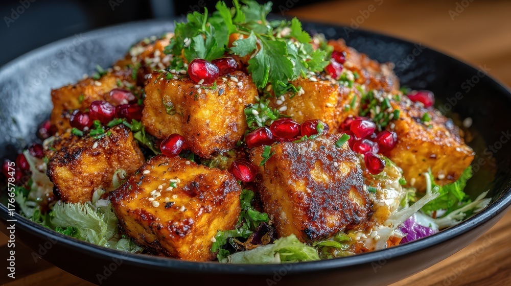 Fototapeta premium Delicious Fried Tofu Salad with Pomegranate Seeds and Fresh Herbs